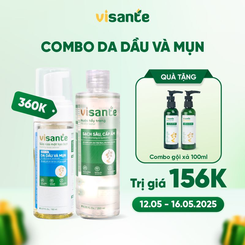 Combo Nước tẩy trang visante sạch sâu cấp ẩm 250ml, Sữa rửa mặt tạo bọt visante dành cho da dầu và mụn