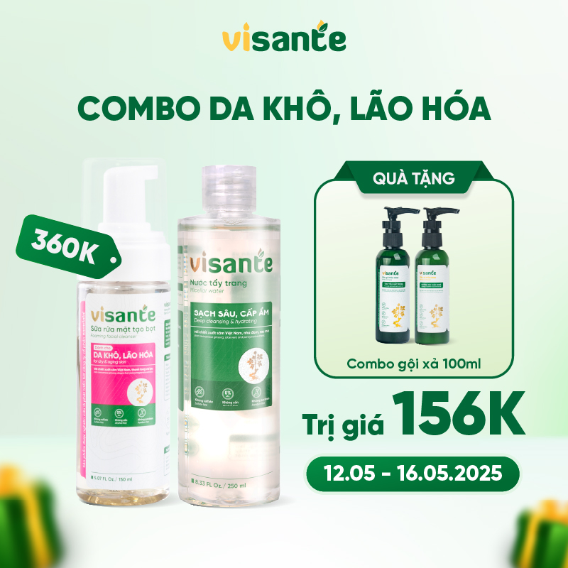 Combo Nước tẩy trang visante sạch sâu cấp ẩm 250ml, Sữa rửa mặt tạo bọt visante dành cho da khô lão hóa