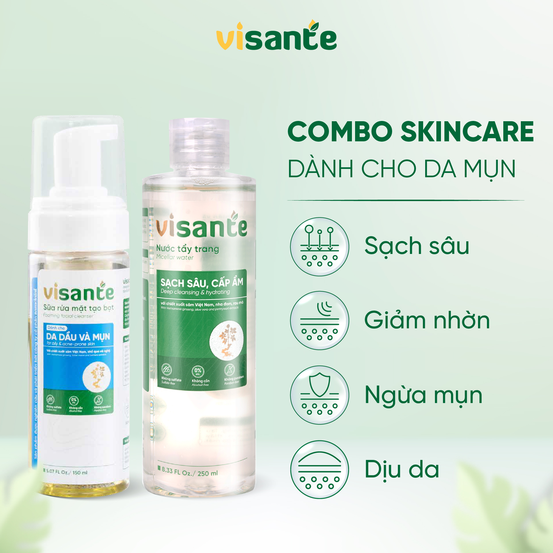 Combo Nước tẩy trang visante sạch sâu cấp ẩm 250ml, Sữa rửa mặt tạo bọt visante dành cho da dầu và mụn 150ml (Fullsize)