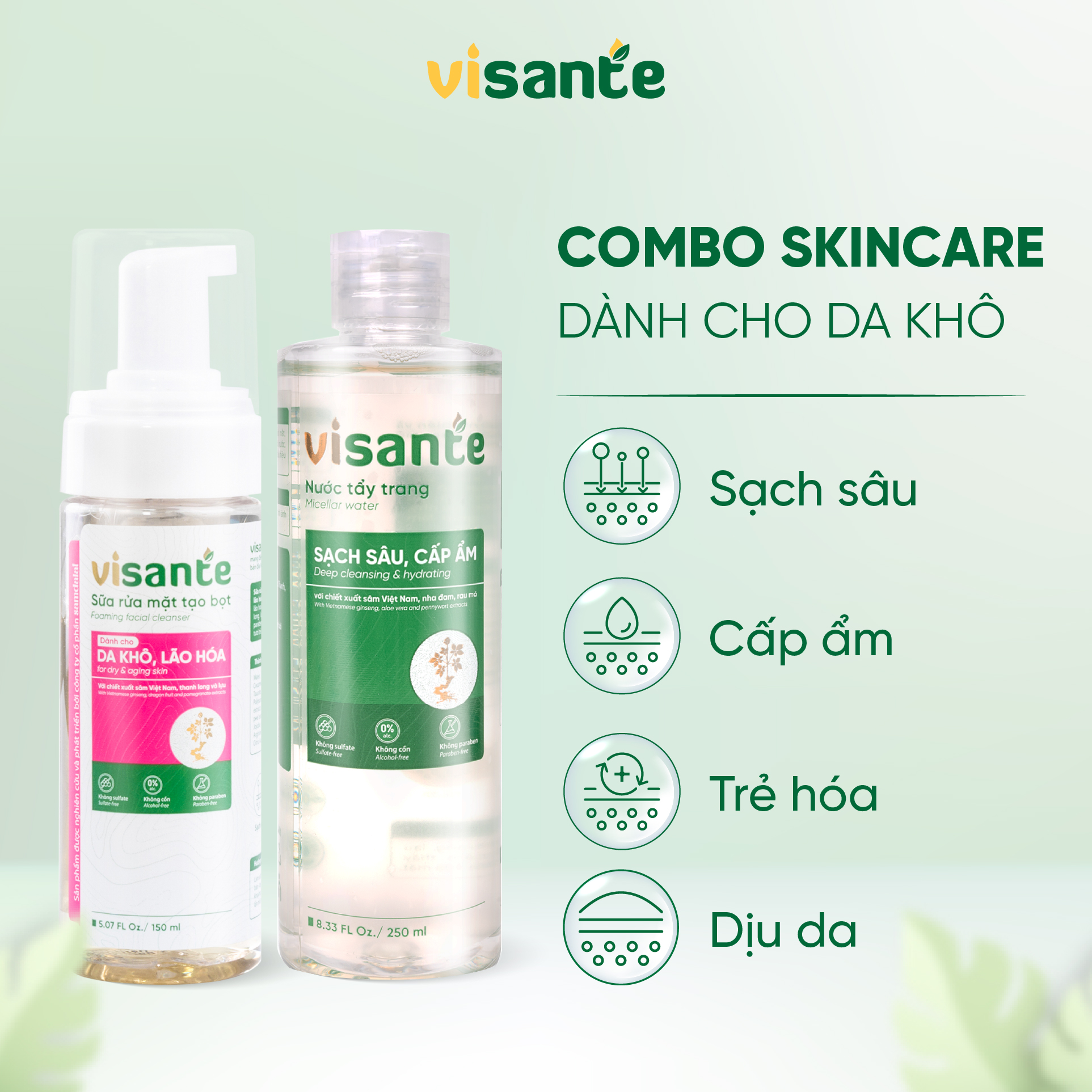 Combo Nước tẩy trang visante sạch sâu cấp ẩm 250ml, Sữa rửa mặt tạo bọt visante dành cho da khô, lão hóa 150ml (Fullsize)