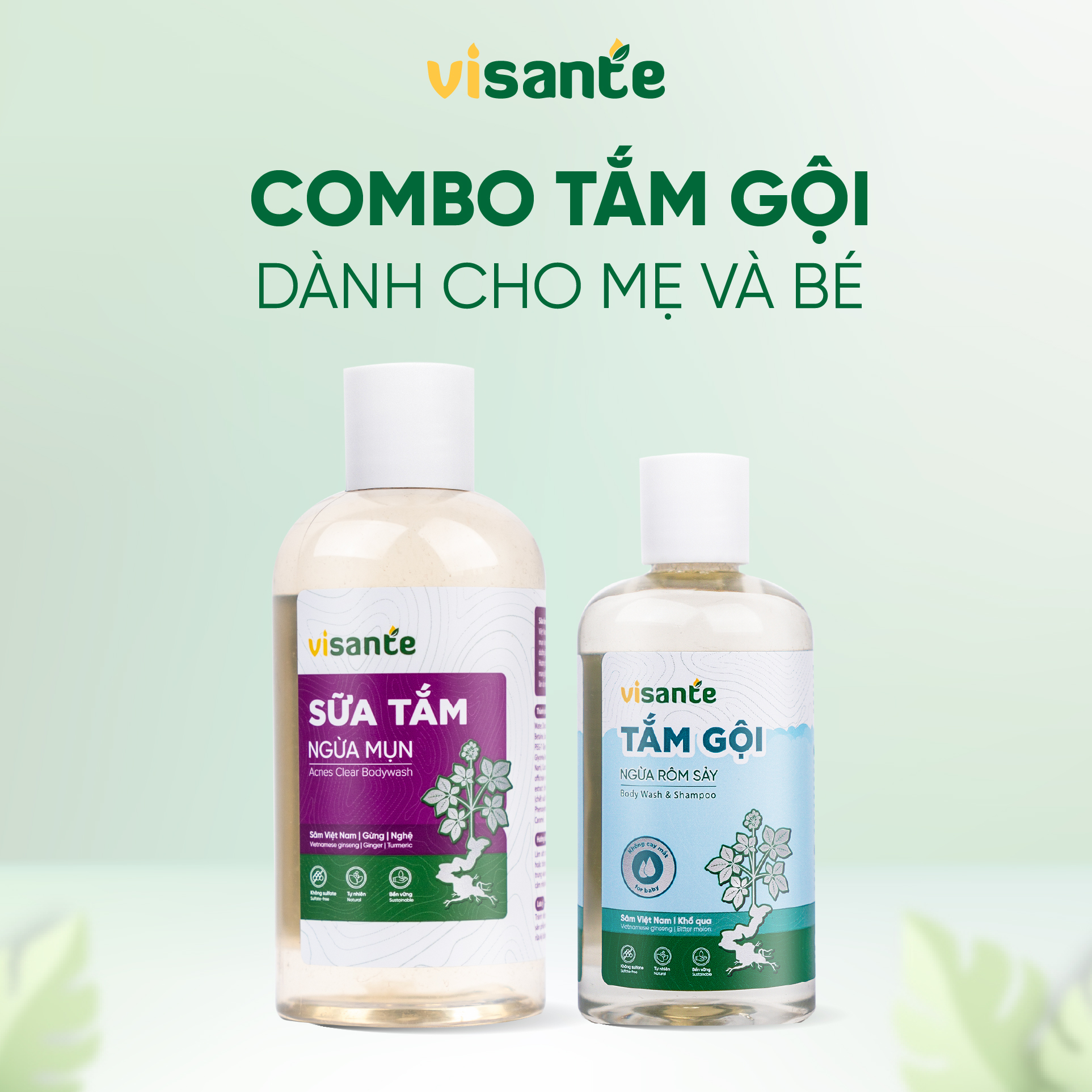 Combo Sữa tắm ngừa mụn visante & Tắm gội ngừa rôm sảy visante (Fullsize)
